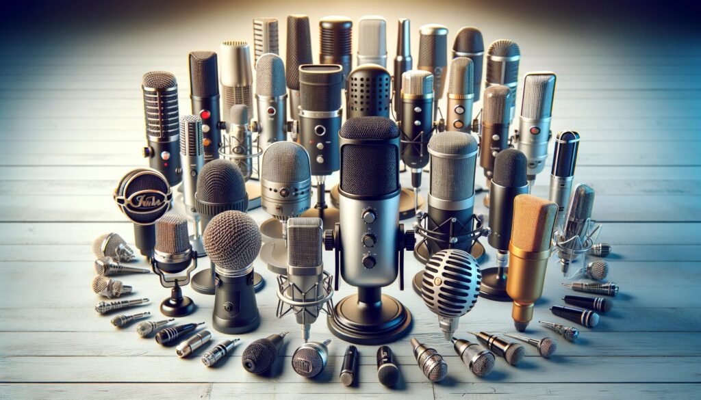vários modelos de microfones juntos 