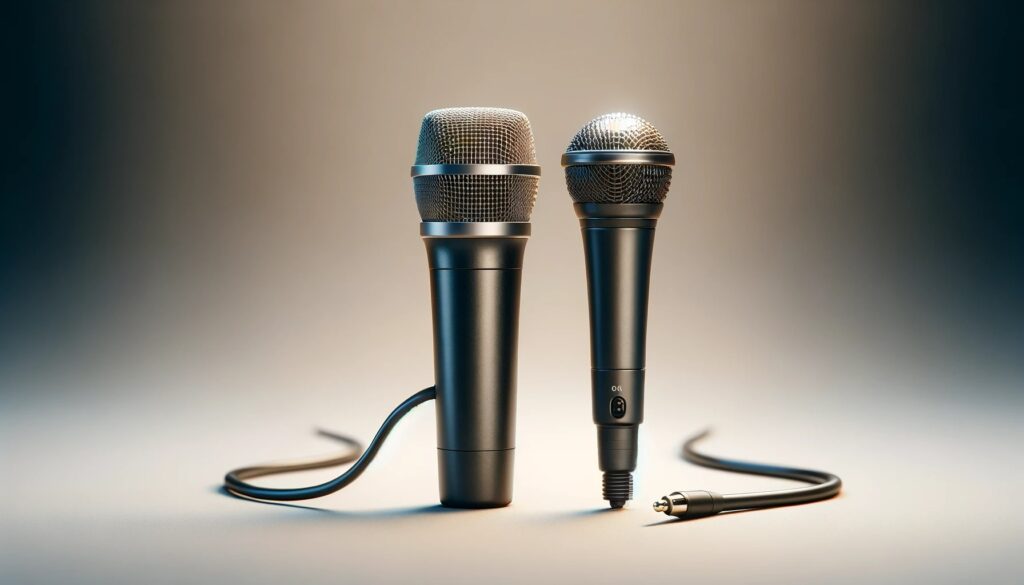 foto comparativa entre modelos de microfone com fio e microfone sem fio