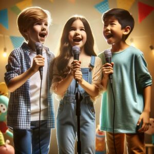 três crianças cantando em microfones infantis