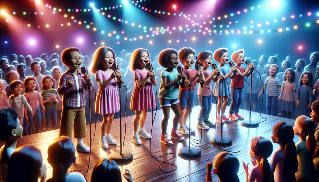 crianças dando um show em cima de palco e cantando