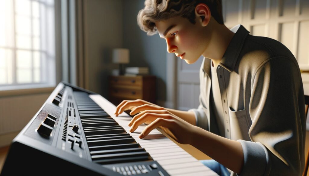 adolescente tocando teclado musical
