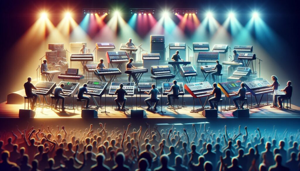 vários músicos tocando teclados musicais em cima de palco, para uma plateia.
