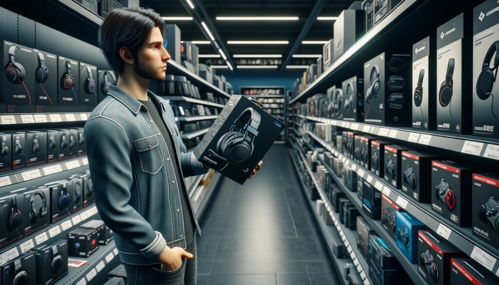homem dentro de loja escolhendo modelo de headset gamer