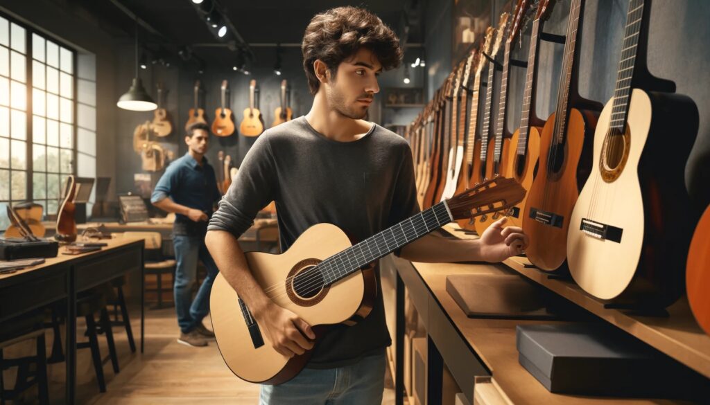 rapaz escolhendo modelo de violão em uma loja