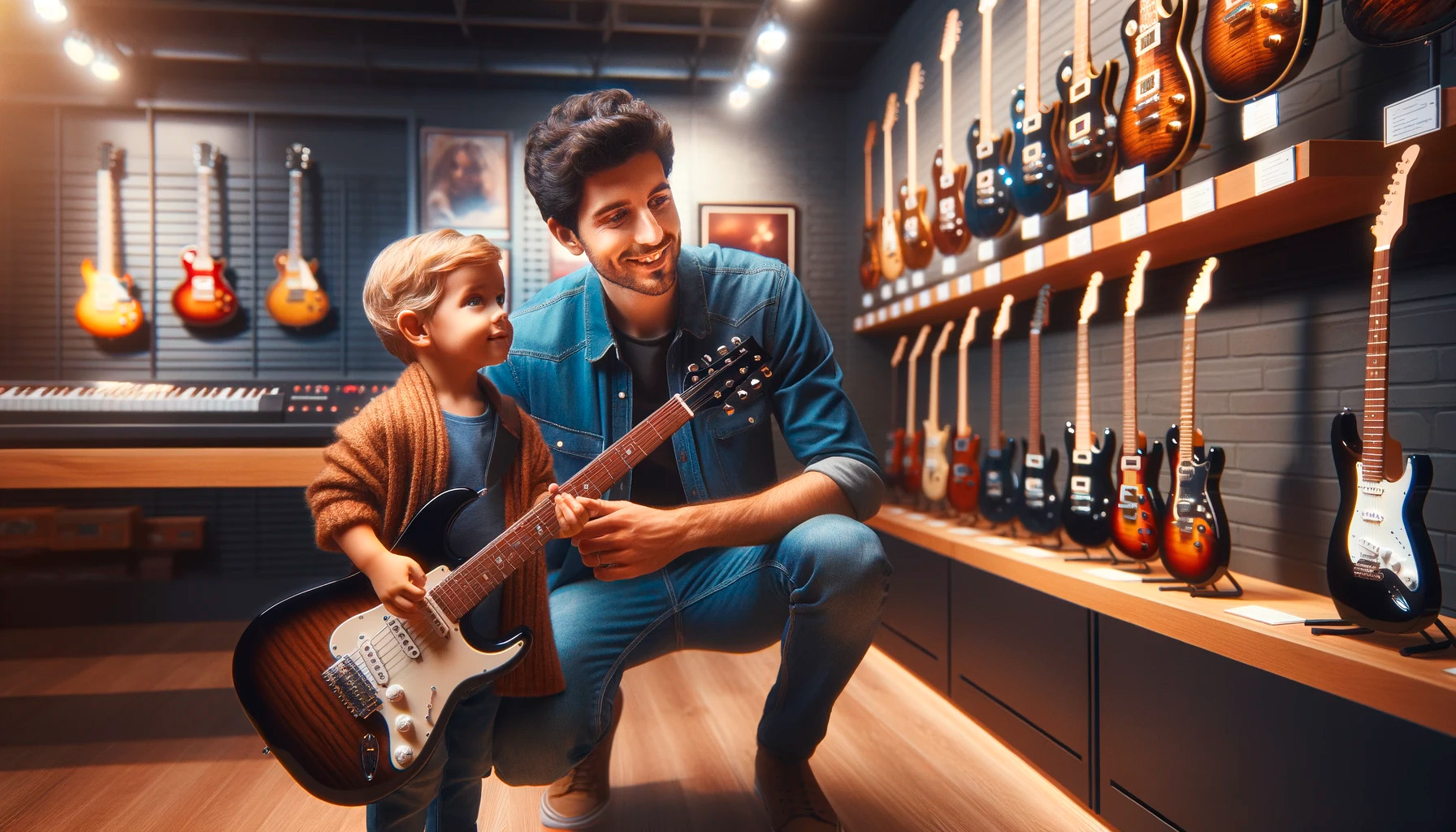 Homem acompanhado do seu filho escolhendo uma entre as melhores guitarras para iniciantes