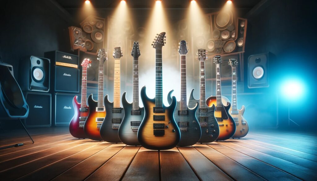 modelos de violões elétricos reunidos em cima de palco