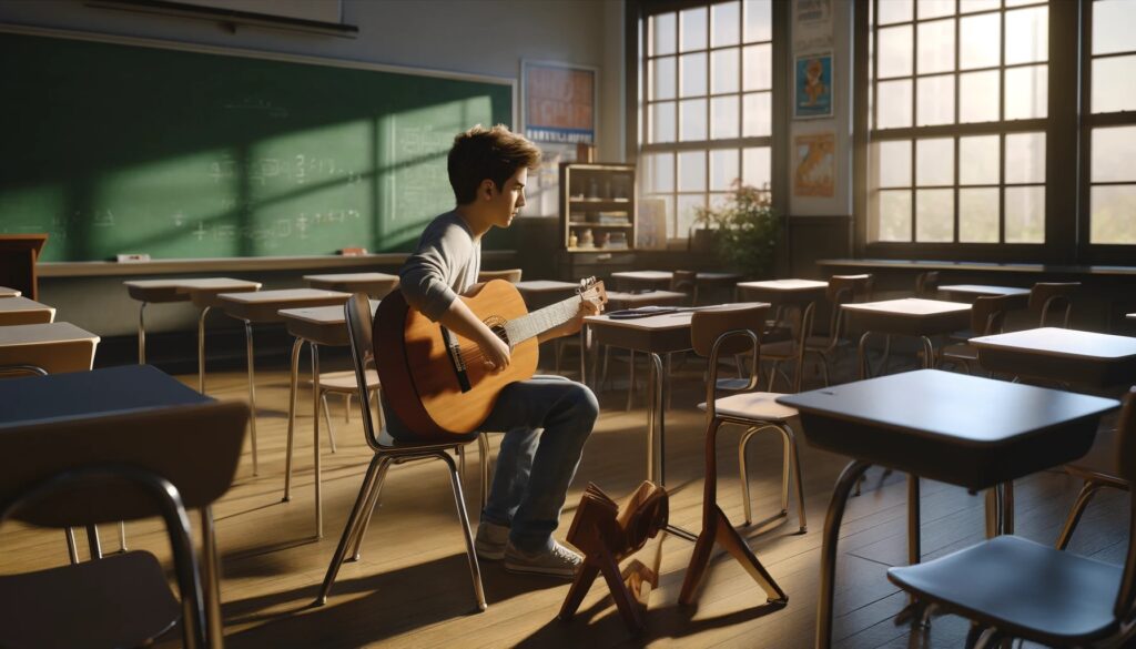 Garoto tocando violão dentro de sala de aula