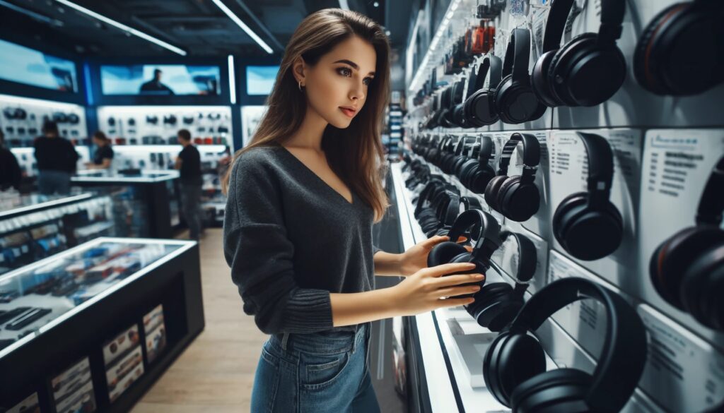 jovem mulher escolhendo modelo de headphone dentro de loja