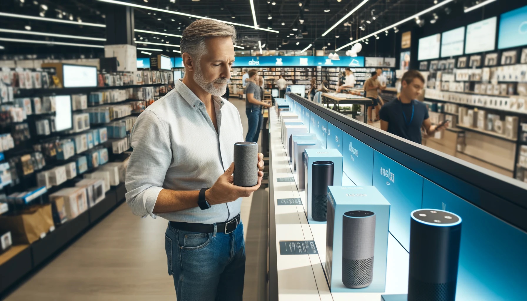 foto de homem dentro de loja escolhendo modelo de Alexa dentre vários disponíveis